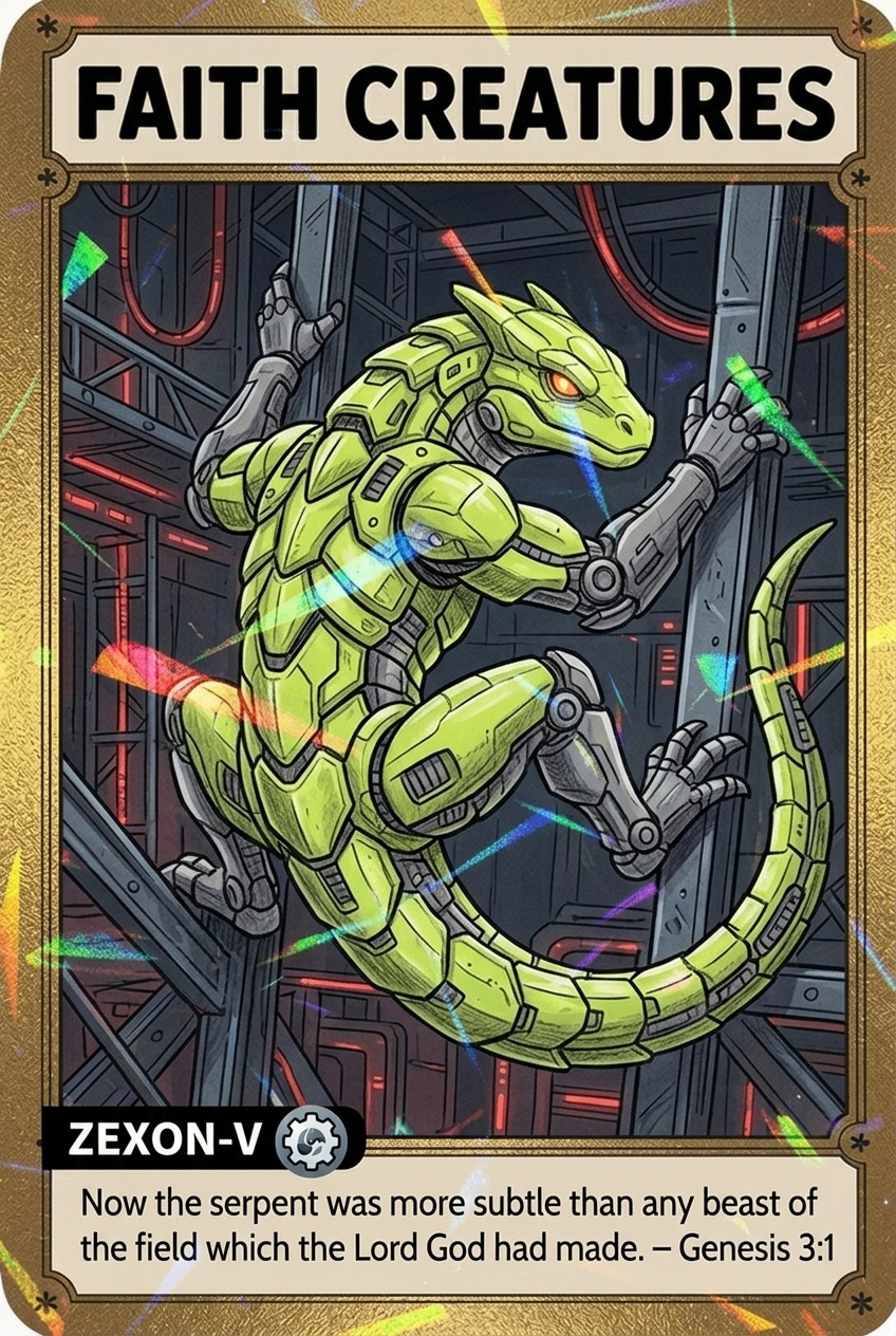 Zexon-V Faith Creatures card featuring Genesis 3:1