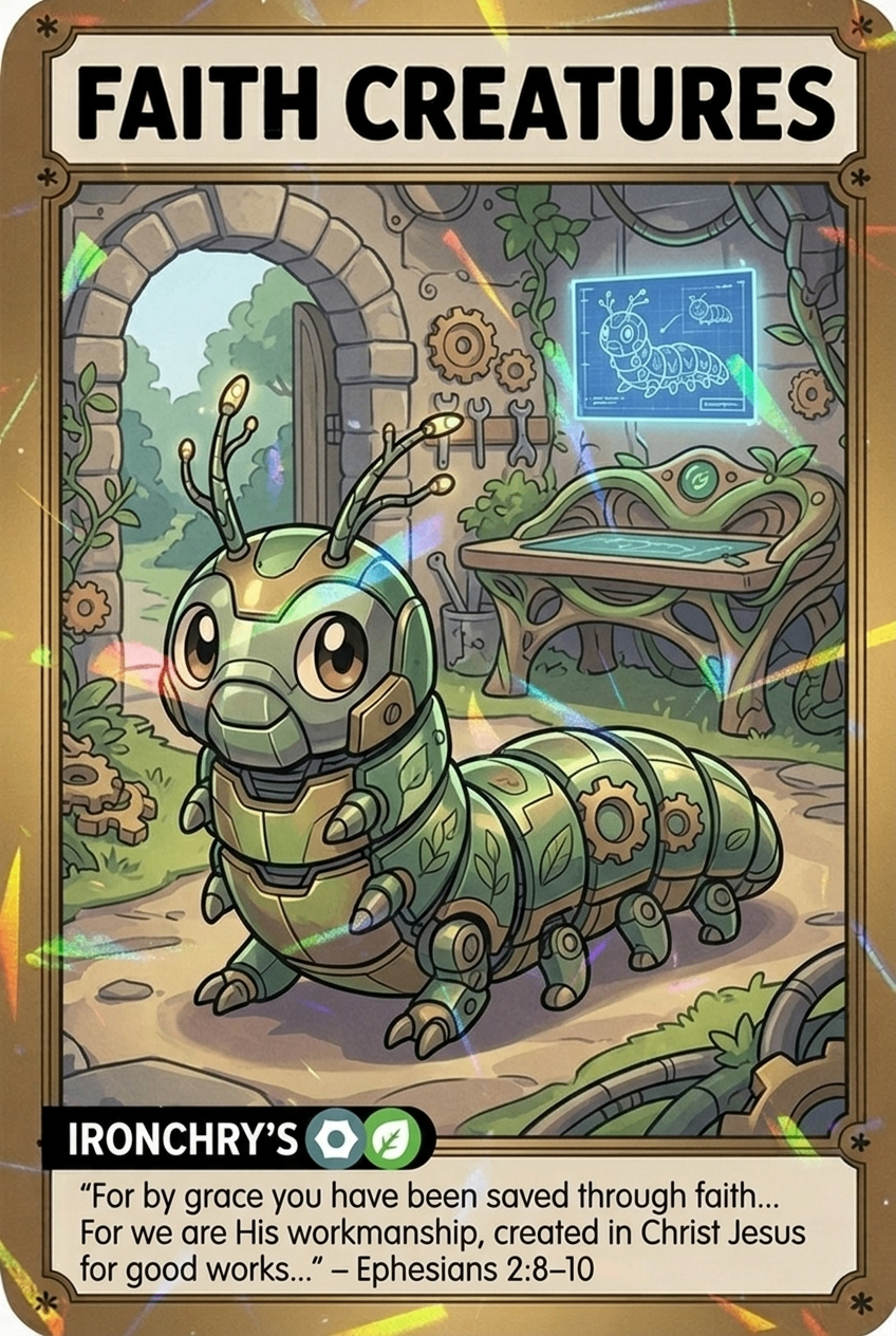 Ironchry's Faith Creatures card featuring Ephesians 2:8-10