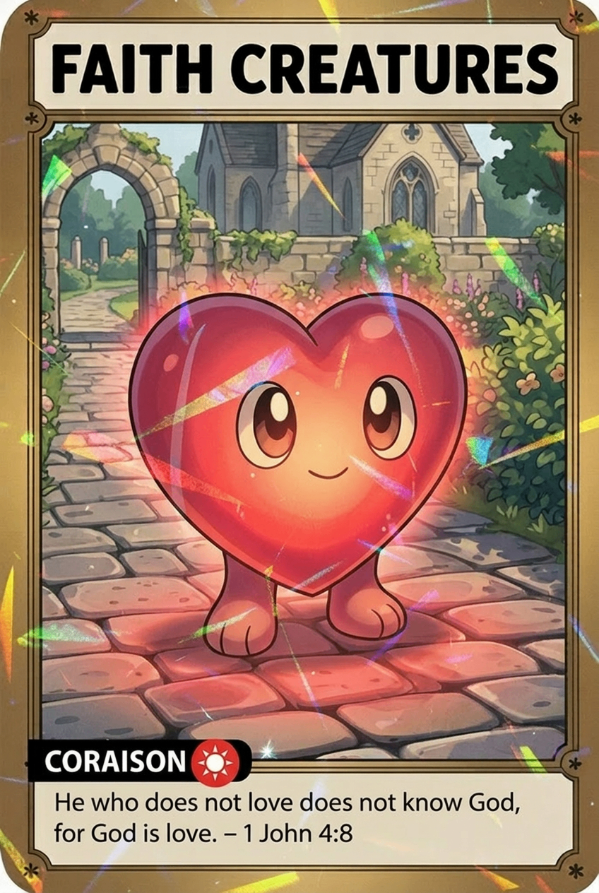 Coraison Faith Creatures card featuring 1 John 4:8