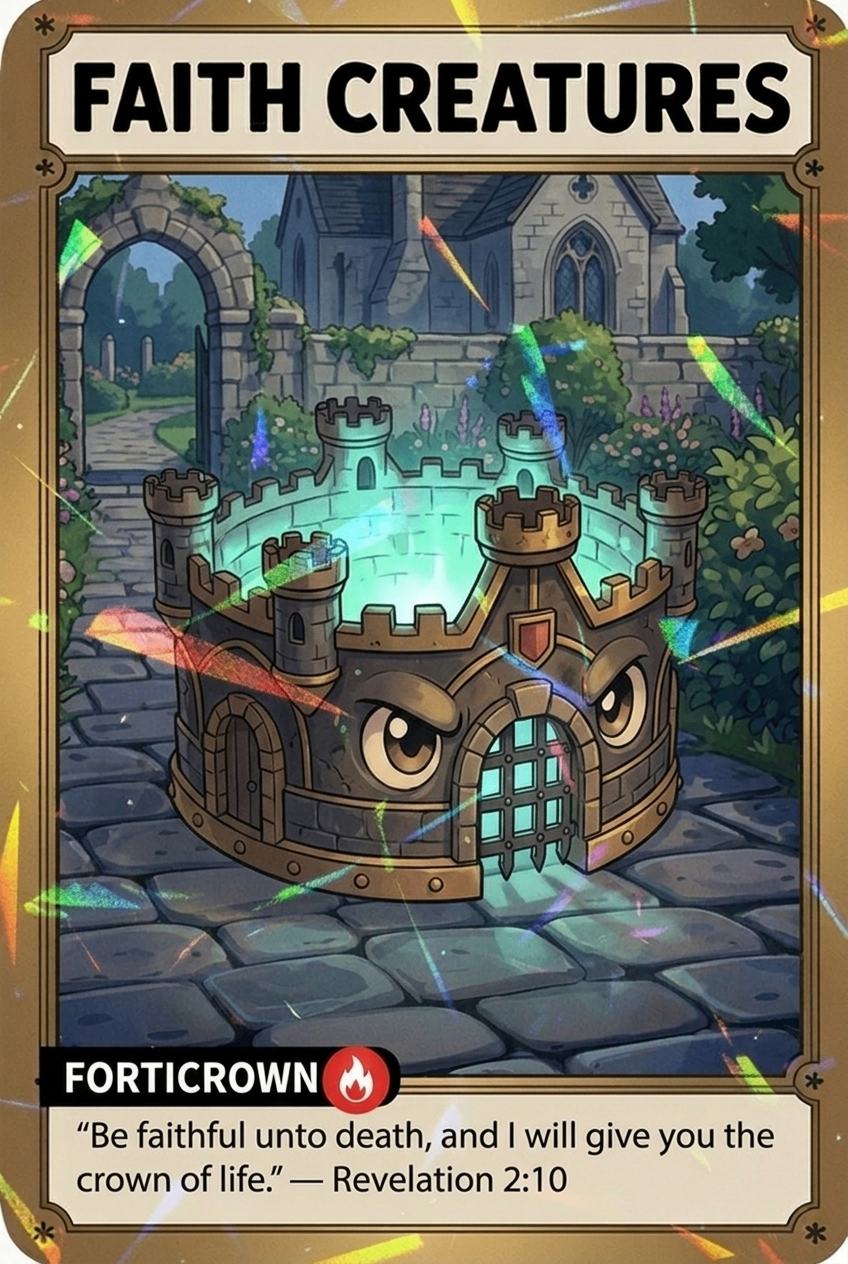 Forticrown Faith Creatures card featuring Revelation 2:10