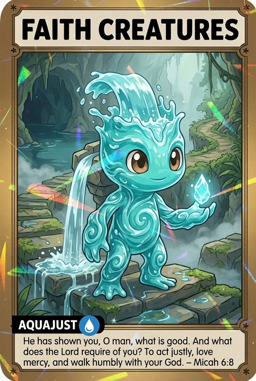 Aquajust Faith Creatures card featuring Micah 6:8